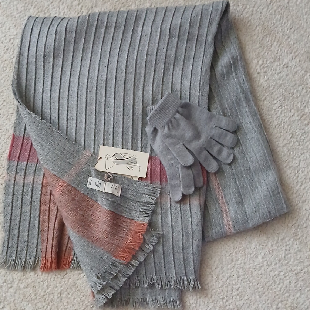 a new day Gray and Pink Striped Scarf with Gloves